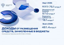 Доходы бюджета от размещения средств в марте составили 75,1 млрд рублей